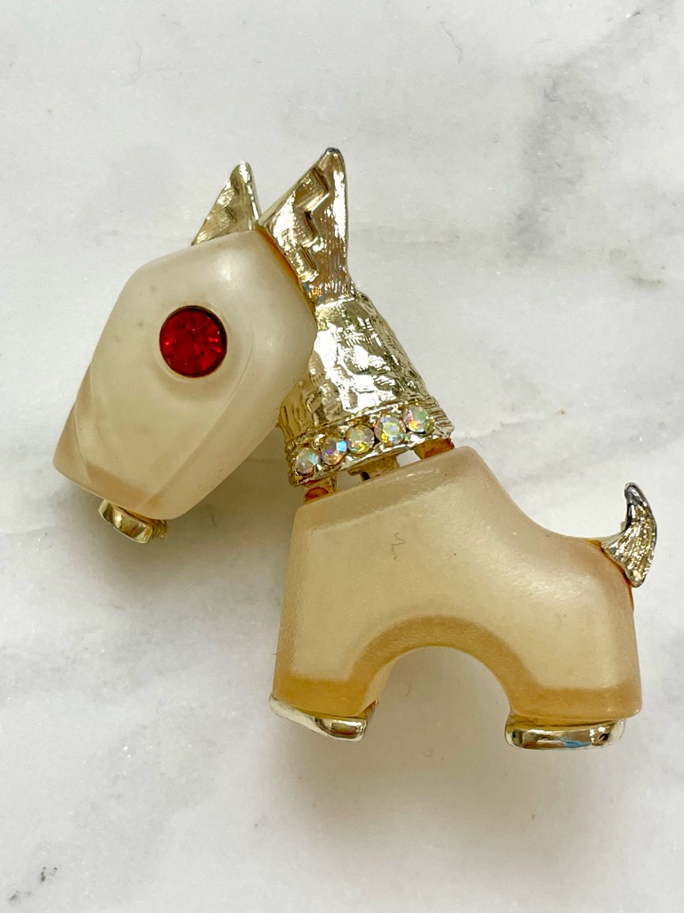 Vintage Cream & Gold Terrier Dog With Red Eye Jewel, Frosted Lucite Body 1960s